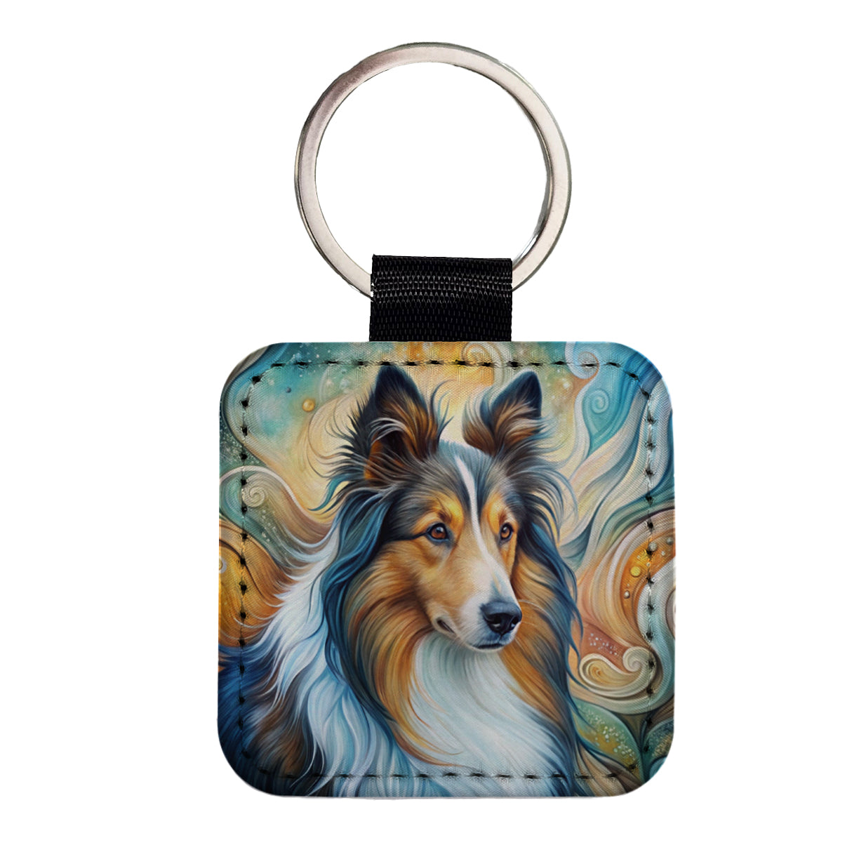 Shetland Sheepdog Sheltie Dog Abstract Art Square Faux Leather Keychain