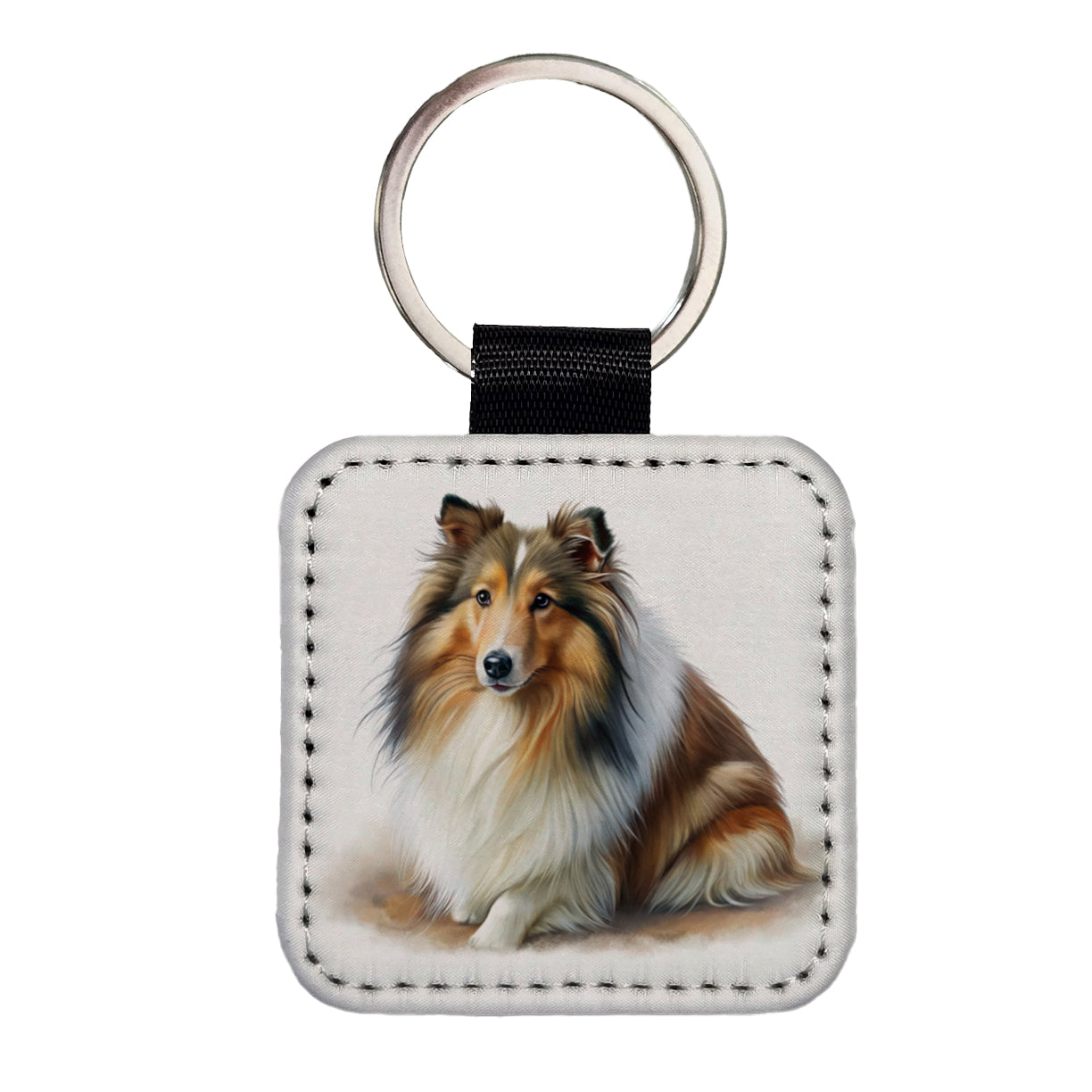 Shetland Sheepdog Sheltie Dog Illustration Square Faux Leather Keychain