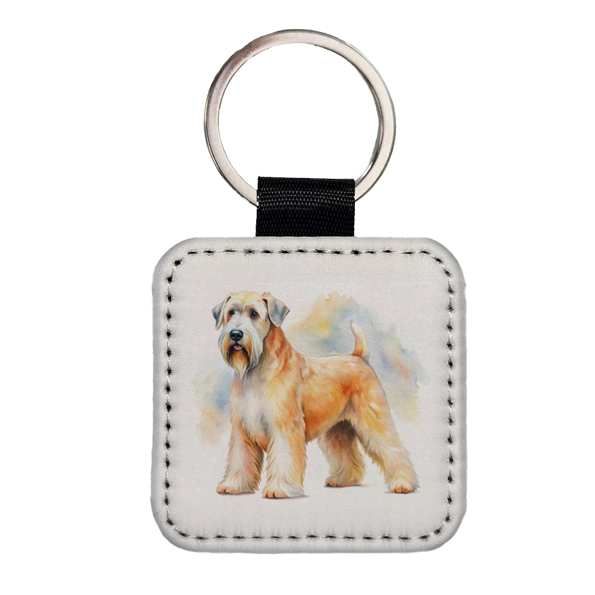 Soft Coated Wheaten Terrier Dog Watercolor Style Square Faux Leather Keychain