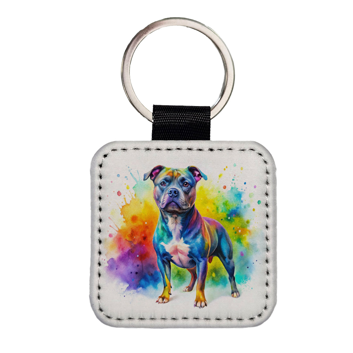 Staffordshire Bull Terrier Staffy Dog Watercolor Style Square Faux Leather Keychain