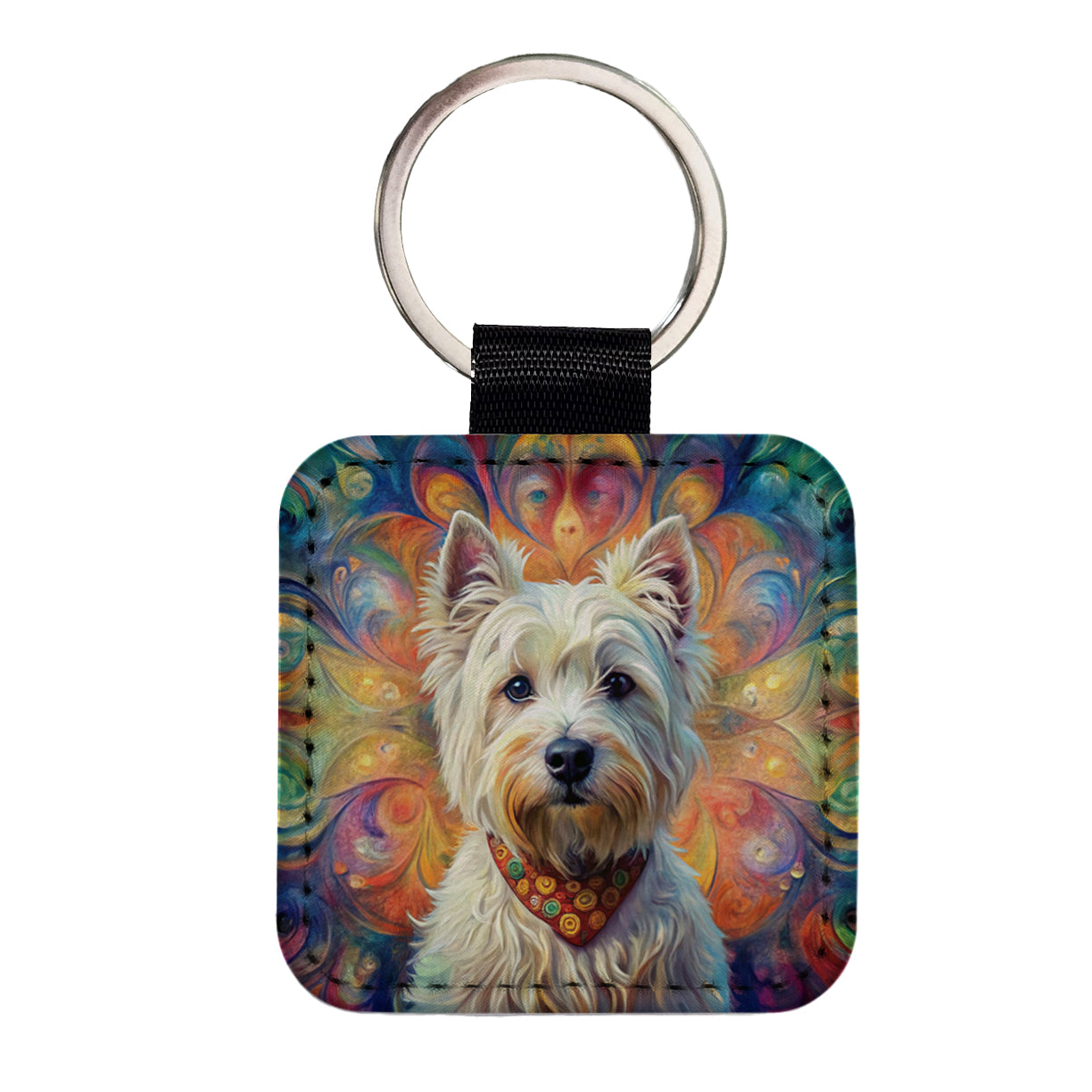 West Highland White Terrier Westie Dog Bohemian Art Square Faux Leather Keychain