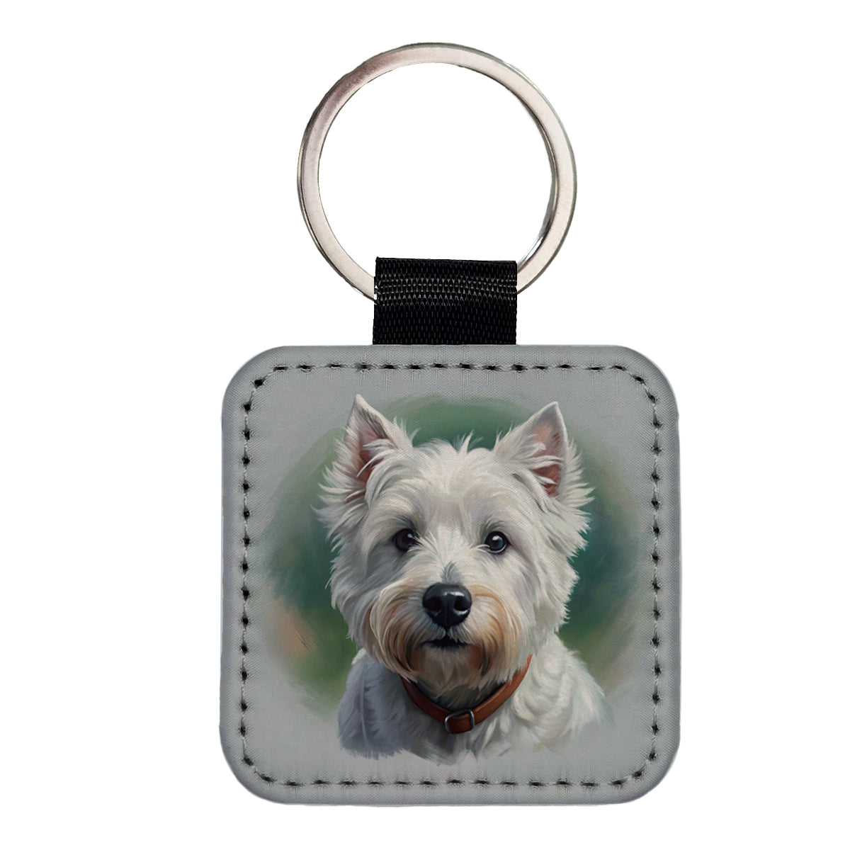 West Highland White Terrier Westie Dog Illustration Square Faux Leather Keychain