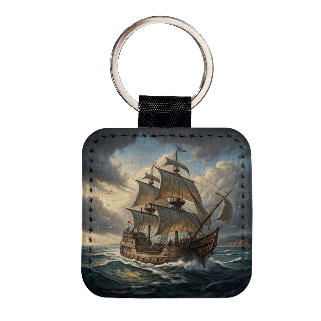 18th Century Privateer Sailing Ship At Sea Age of Sail Square Faux Leather Keychain