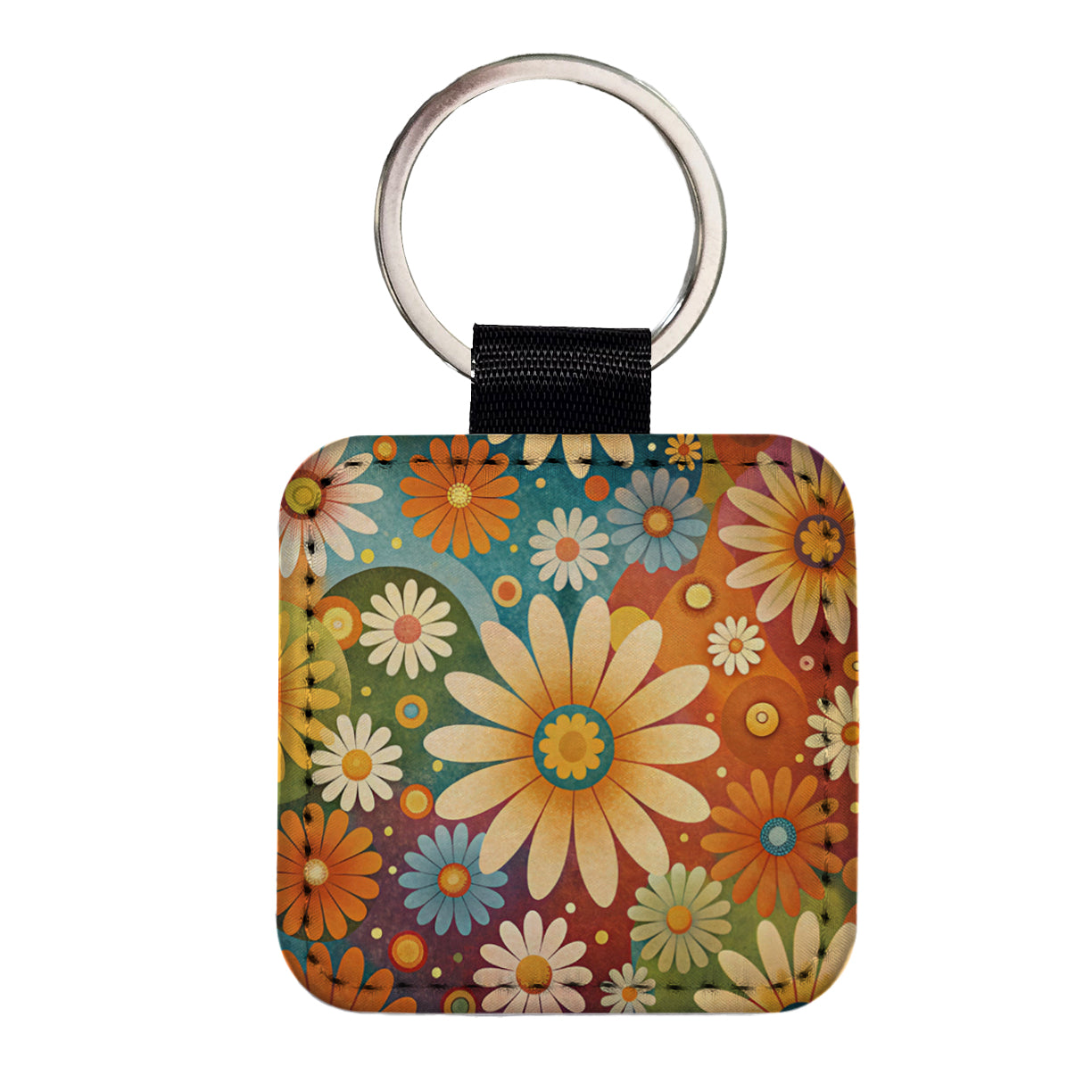 70's Retro Groovy Hippie Daisies Floral Design Square Faux Leather Keychain