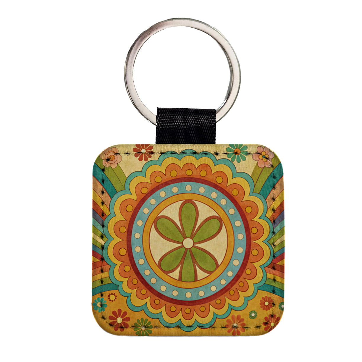 70's Retro Groovy Hippie Design Square Faux Leather Keychain
