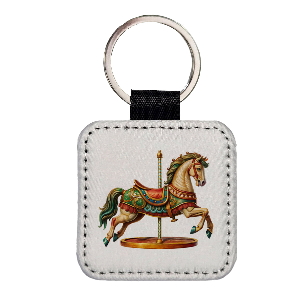 Carousel Horse Square Faux Leather Keychain