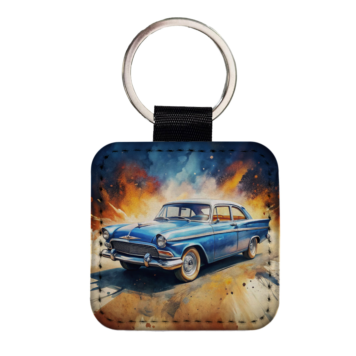 Classic Retro Car Art Square Faux Leather Keychain