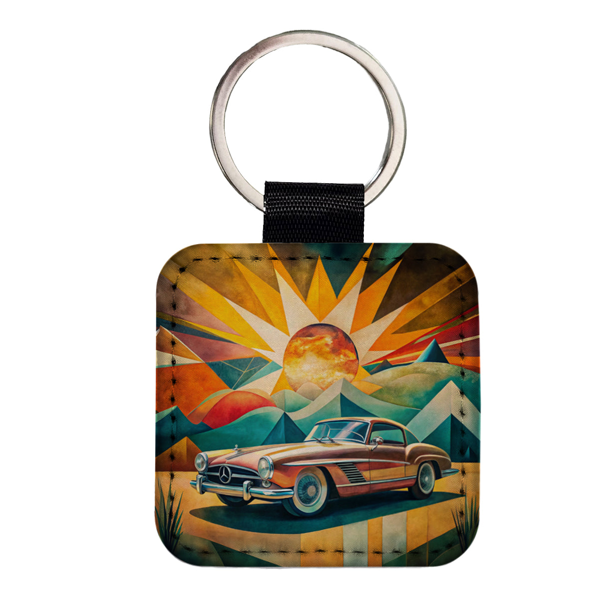 Classic Retro German Car Art Square Faux Leather Keychain