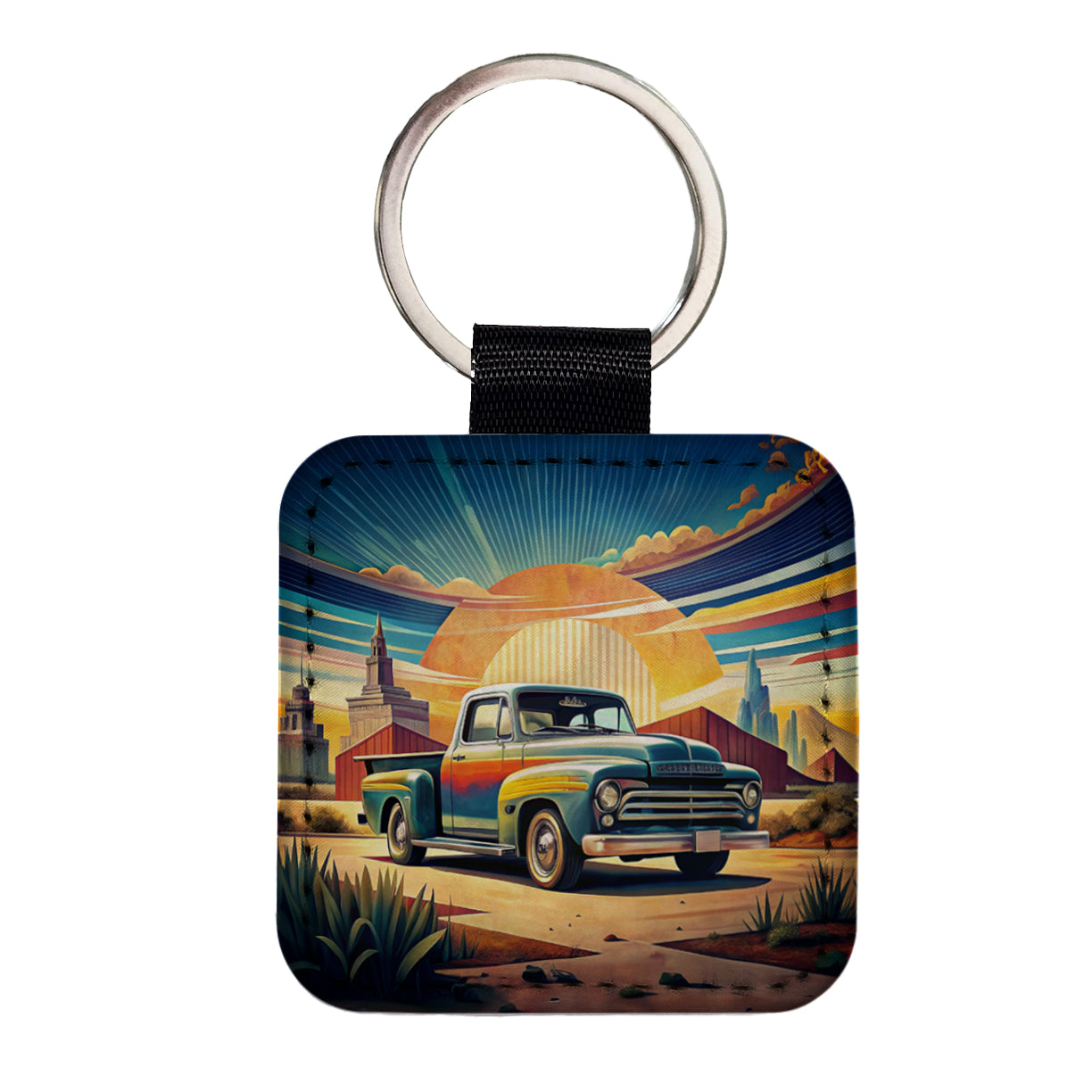 Classic Retro Truck Art Square Faux Leather Keychain