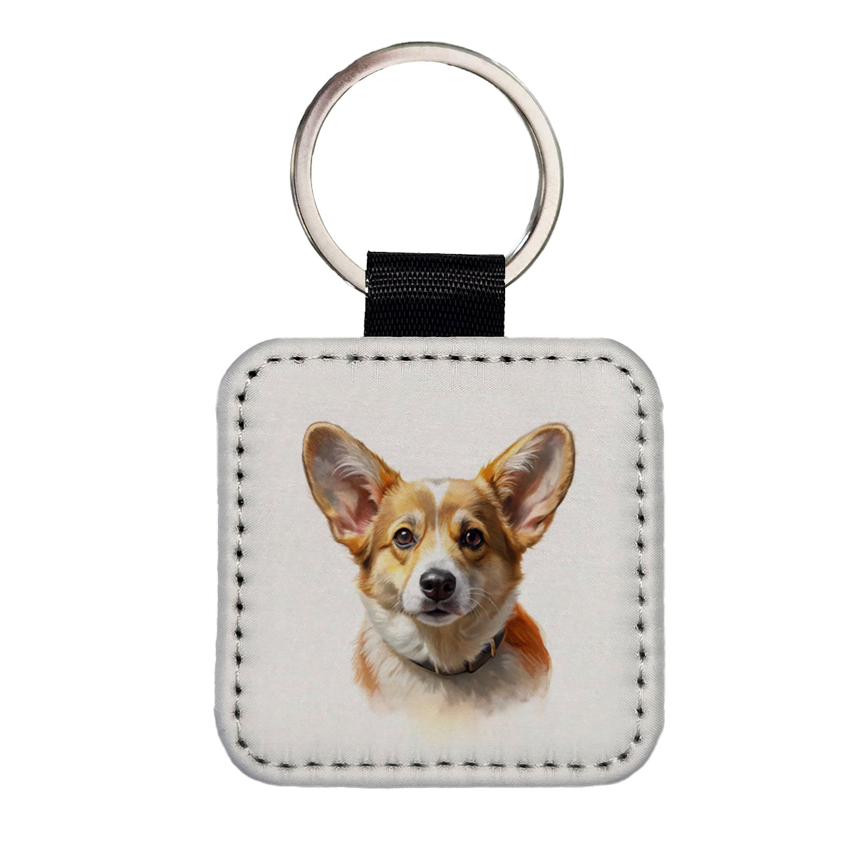 Corgi Cute Face Illustration Square Faux Leather Keychain