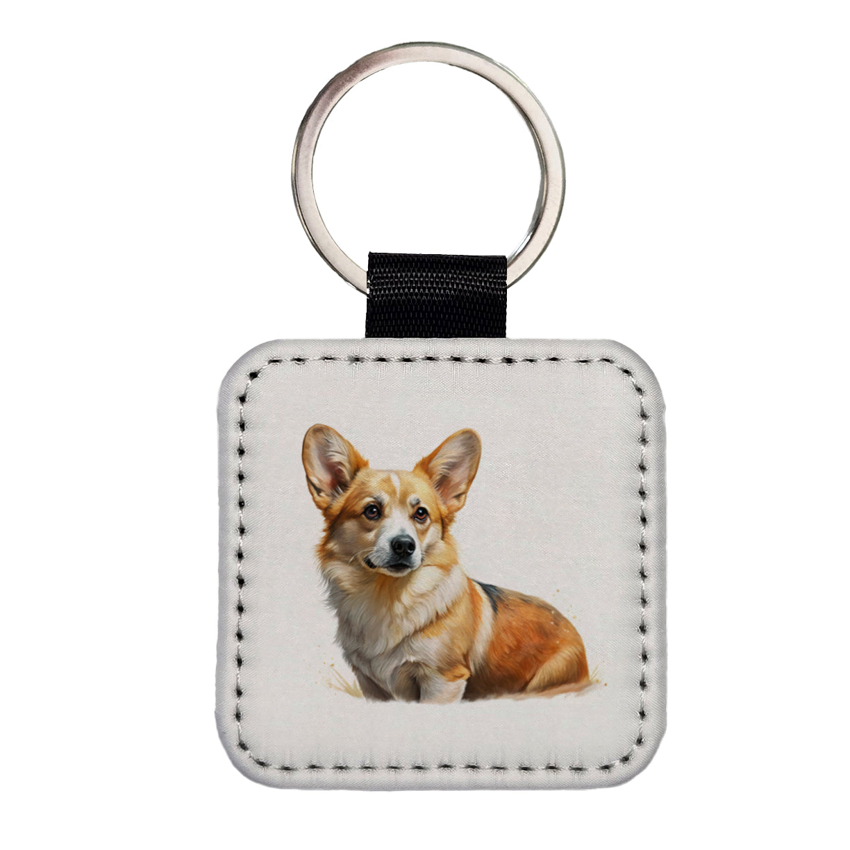 Corgi Cute Illustration Square Faux Leather Keychain