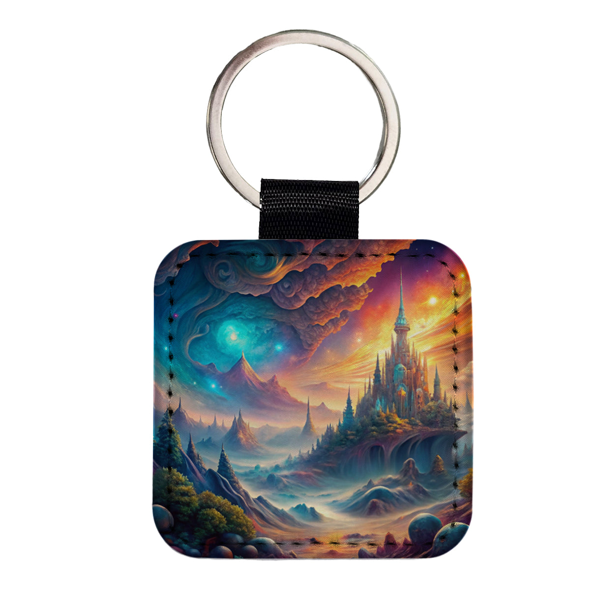 Fantasy World Abstract Art Square Faux Leather Keychain