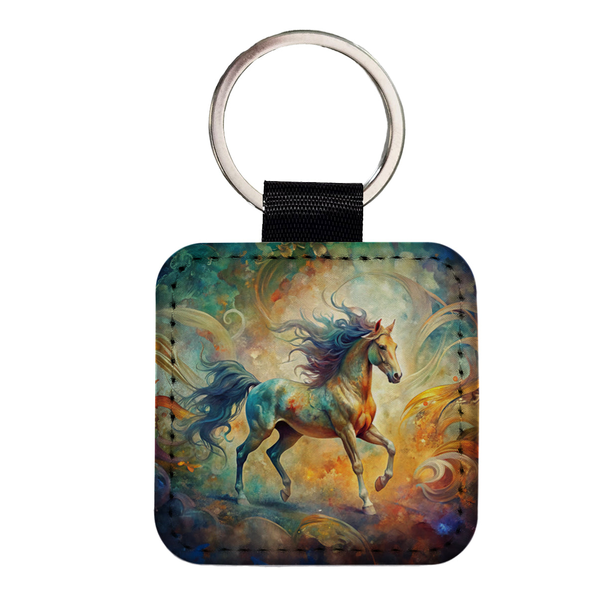 Galloping Horse Abstract Art Square Faux Leather Keychain