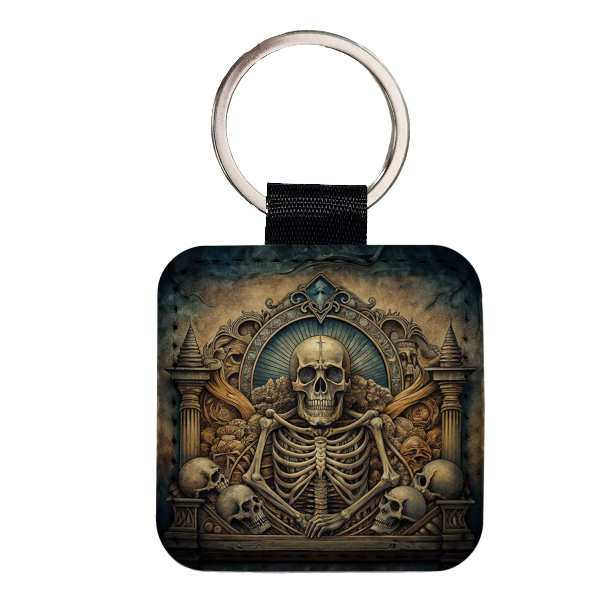 Gothic Ancient Skull Skeleton Bones Illustration Square Faux Leather Keychain
