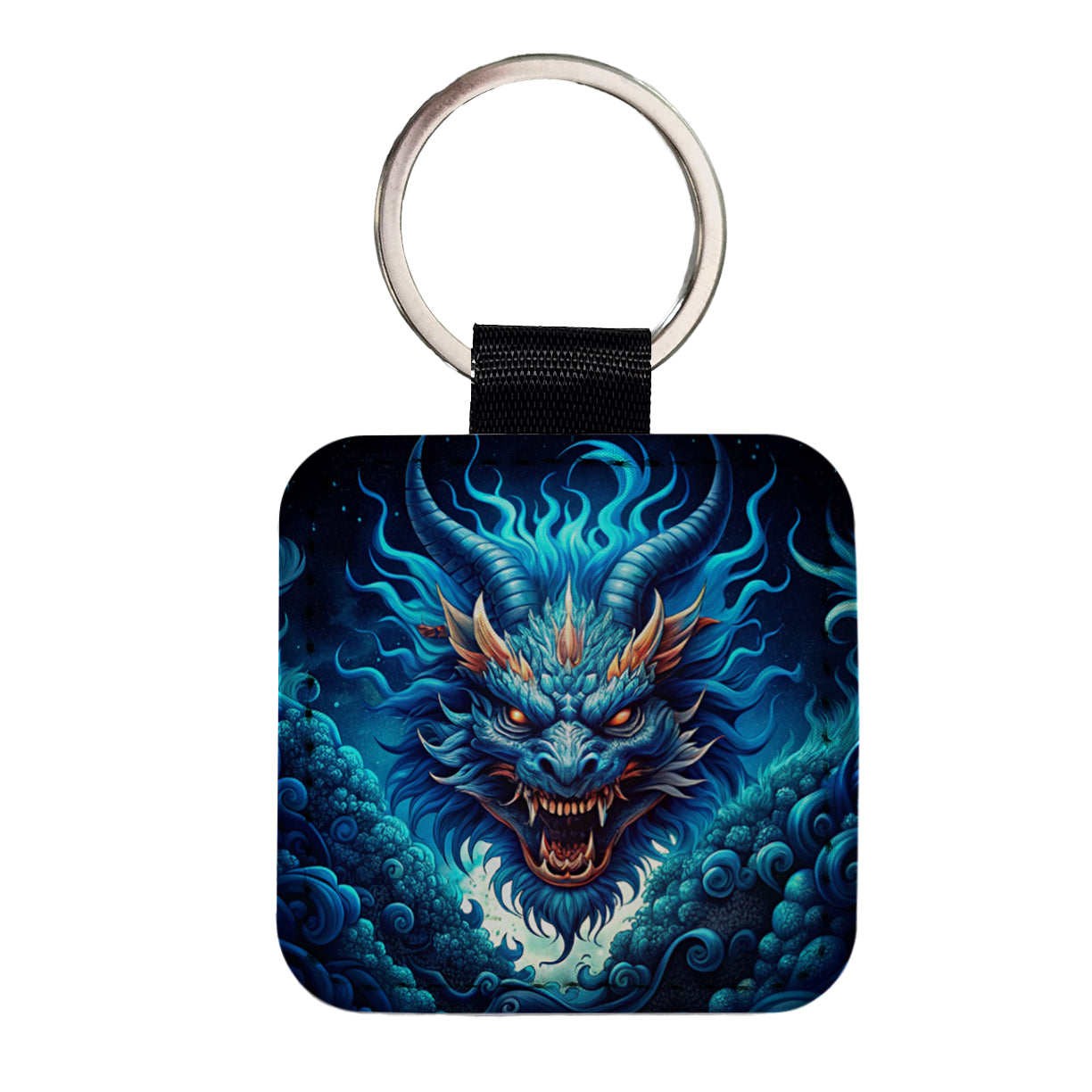 Japanese Asian Blue Spirit Dragon Art Square Faux Leather Keychain