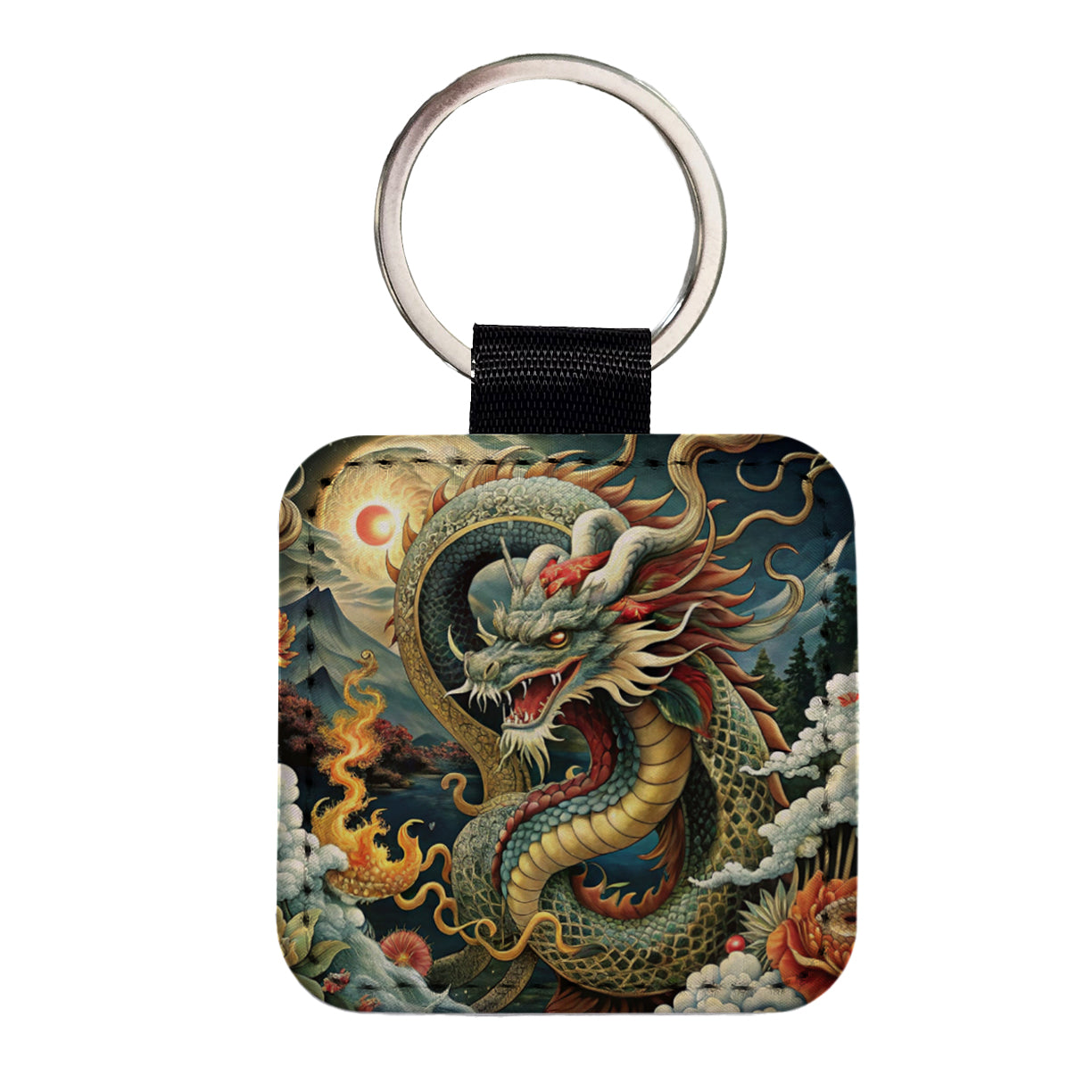 Japanese Asian Dragon Serpent Spirit Art Square Faux Leather Keychain