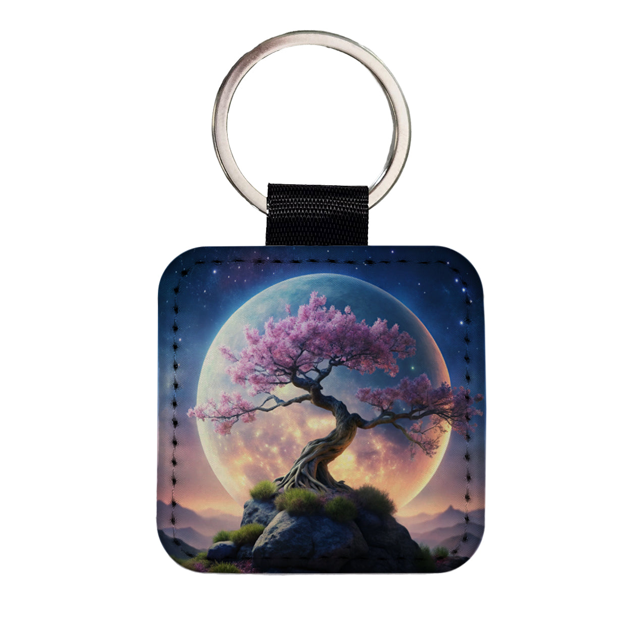 Japanese Bonsai Tree With Pink Flowers On Hill Under Large Moon Square Faux Leather Keychain