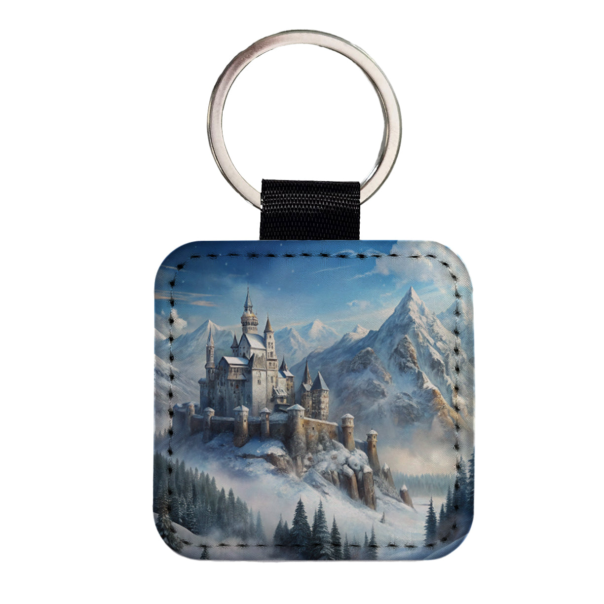 Snow Covered Castle In Mountains Landscape Square Faux Leather Keychain