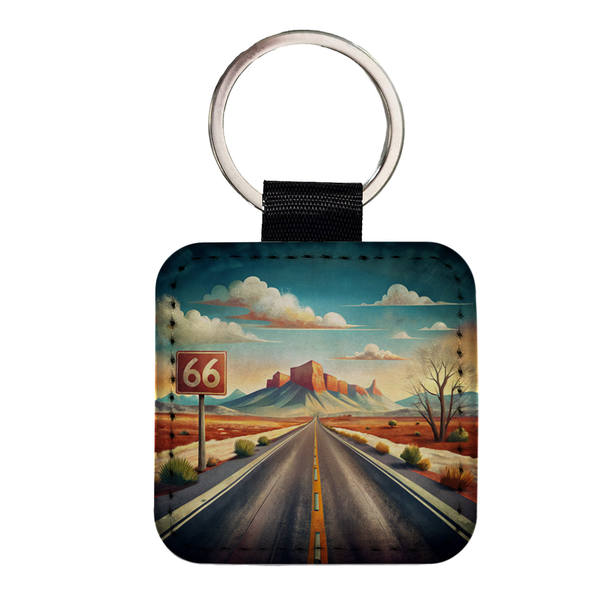 Southwest Highway Route 66 Art Square Faux Leather Keychain