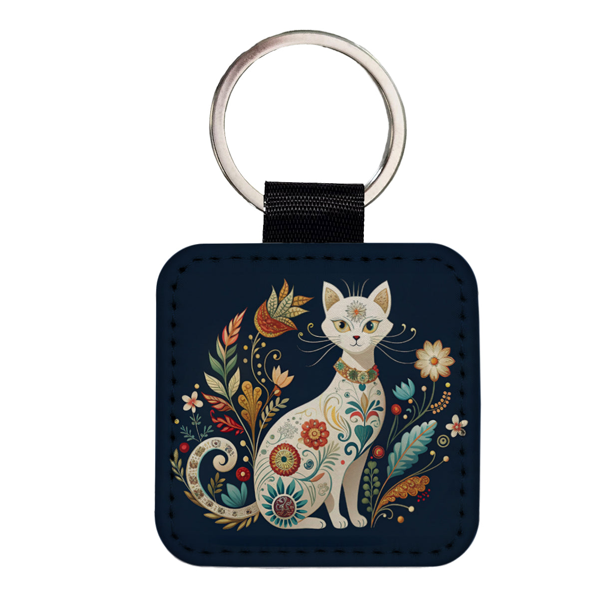 Stylized White Cat Floral Design Square Faux Leather Keychain