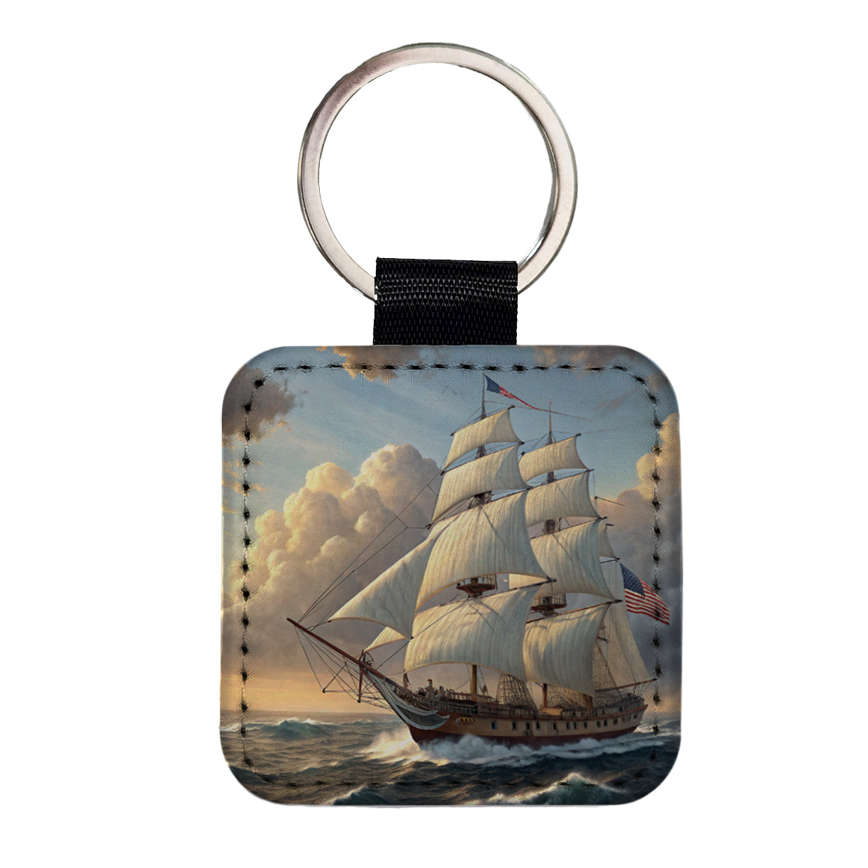 US Navy Frigate 18th Century Sailing Ship At Sea Square Faux Leather Keychain