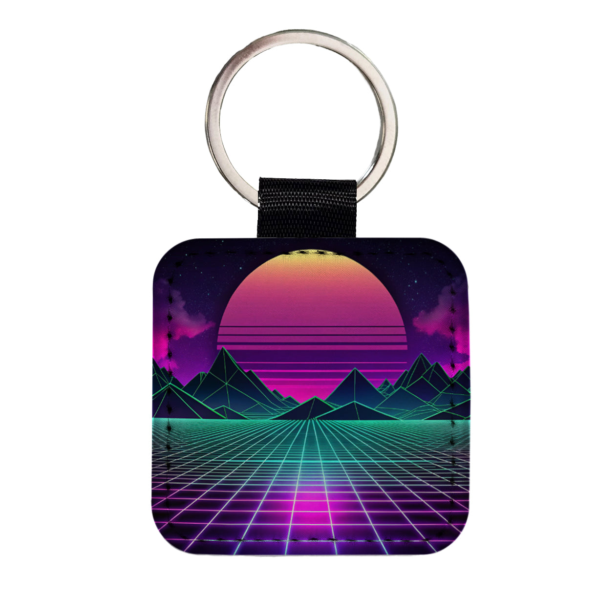 Vaporwave Retro Vector Vivid Landscape Square Faux Leather Keychain