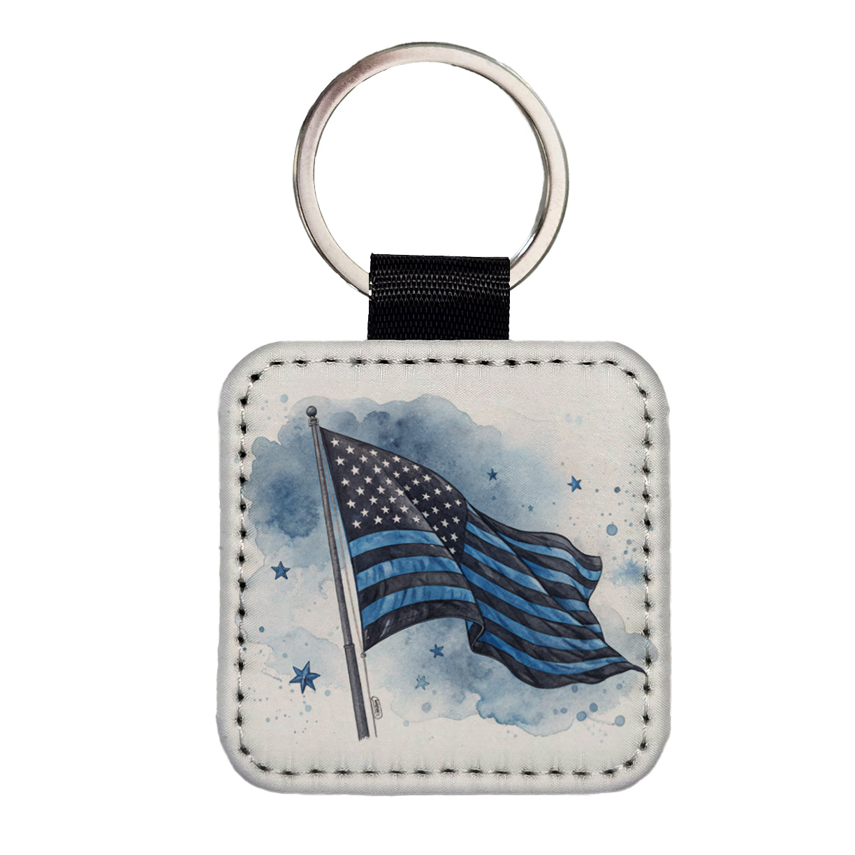 Black Blue Waving American Flag Watercolor USA United States Square Faux Leather Keychain