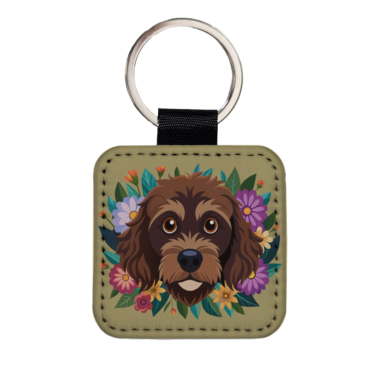 Brown Labradoodle Head Floral Motif Dog Cute Square Faux Leather Keychain