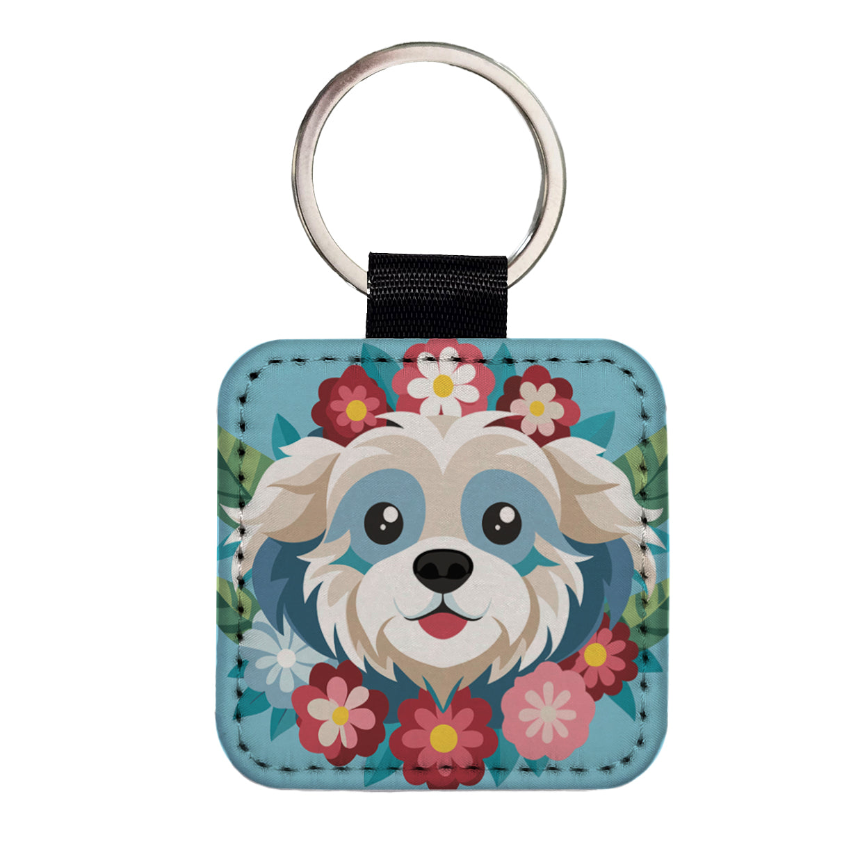 Cavachon Head Floral Dog Motif Blue Background Square Faux Leather Keychain