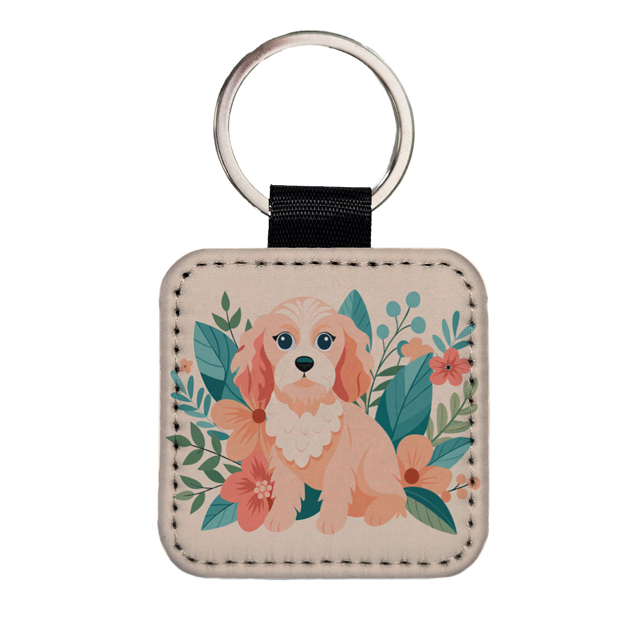 Cavapoo Floral Motif Pink Dog Square Faux Leather Keychain