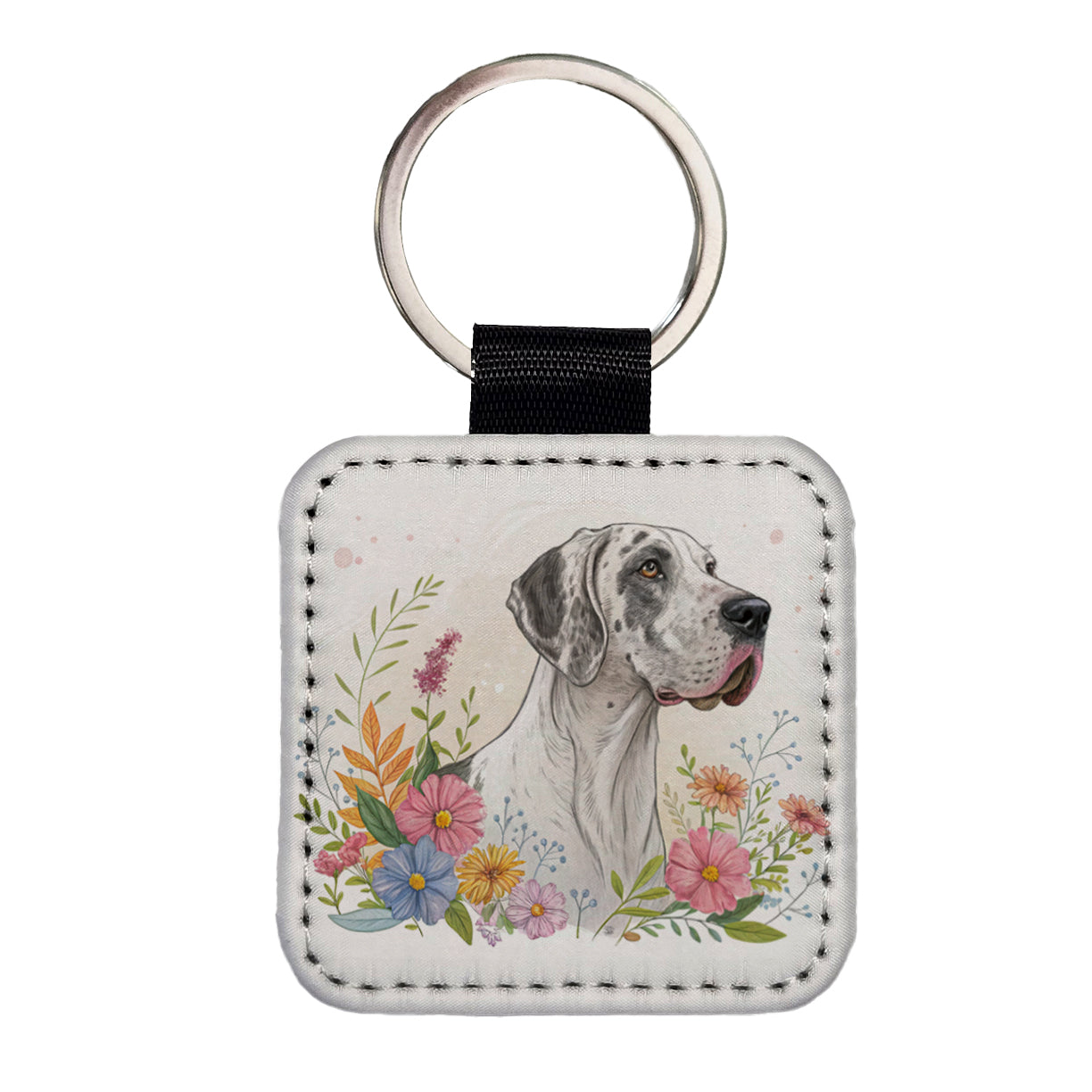 Great Dane Floral Motif Dog Light Square Faux Leather Keychain