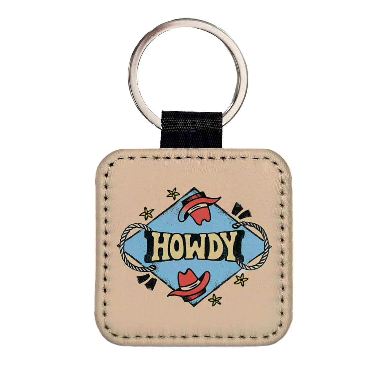 Howdy Country Cowboy Cowgirl Square Faux Leather Keychain
