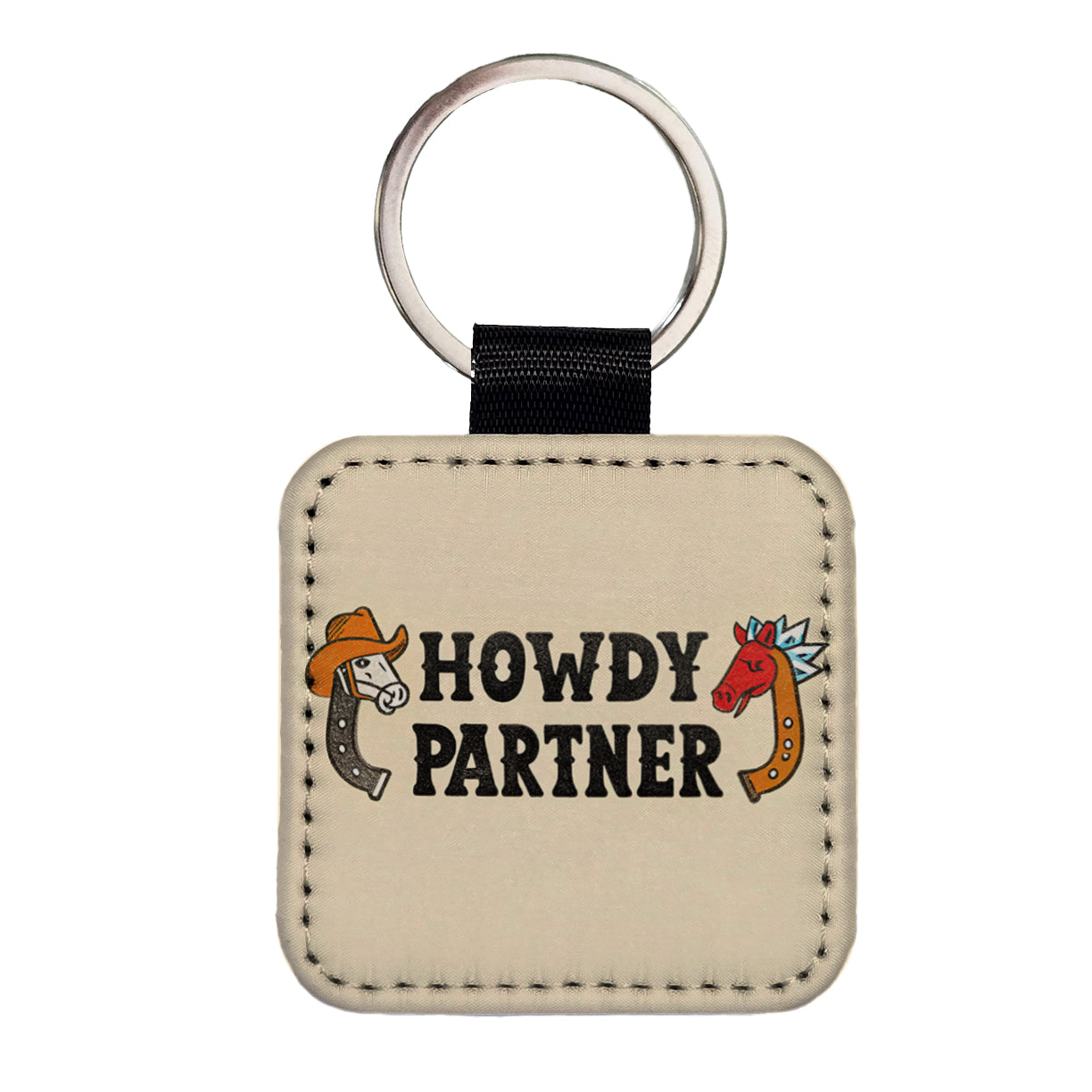 Howdy Partner Country Cowboy Cowgirl Cute Square Faux Leather Keychain