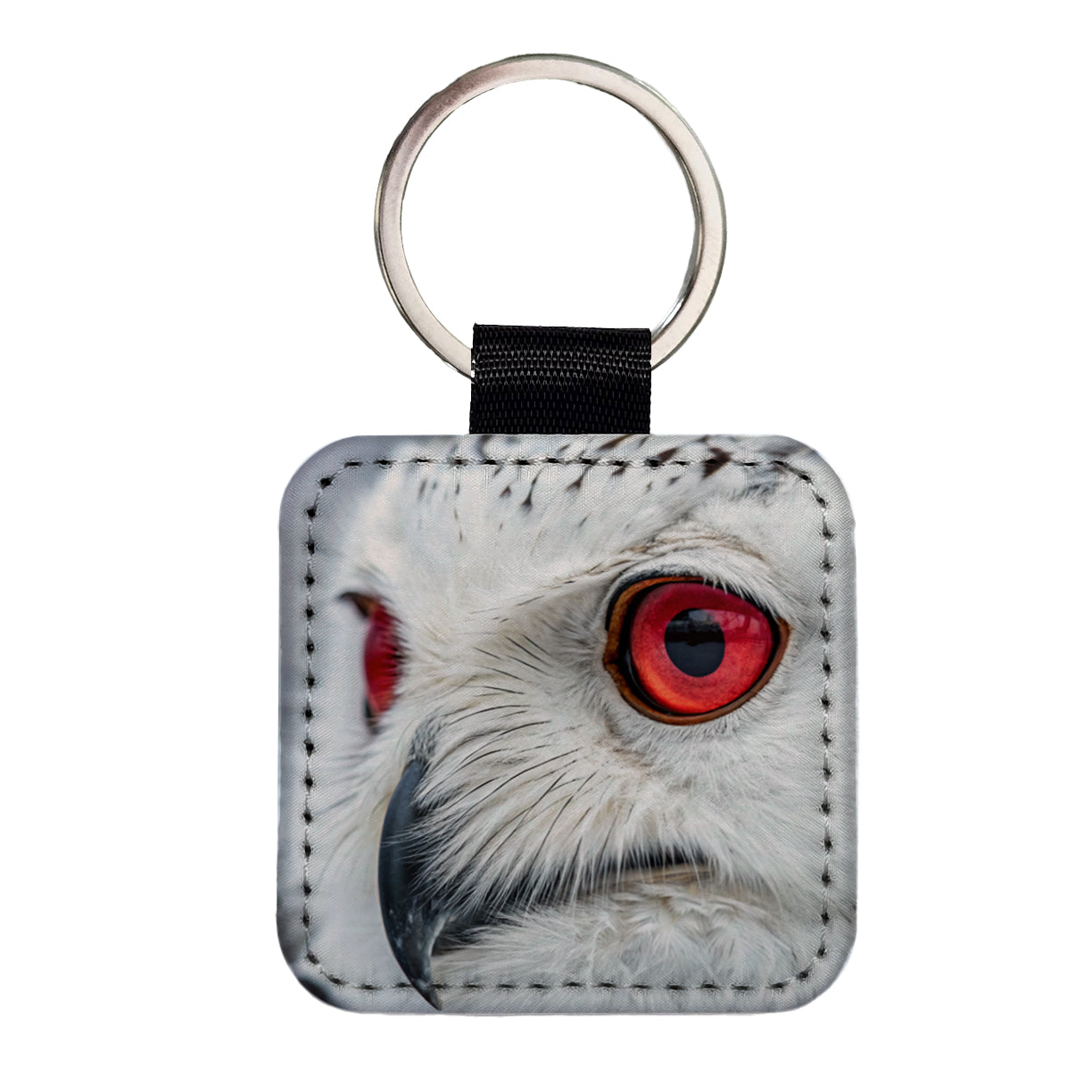 Red Eyes Owl Bird Square Faux Leather Keychain
