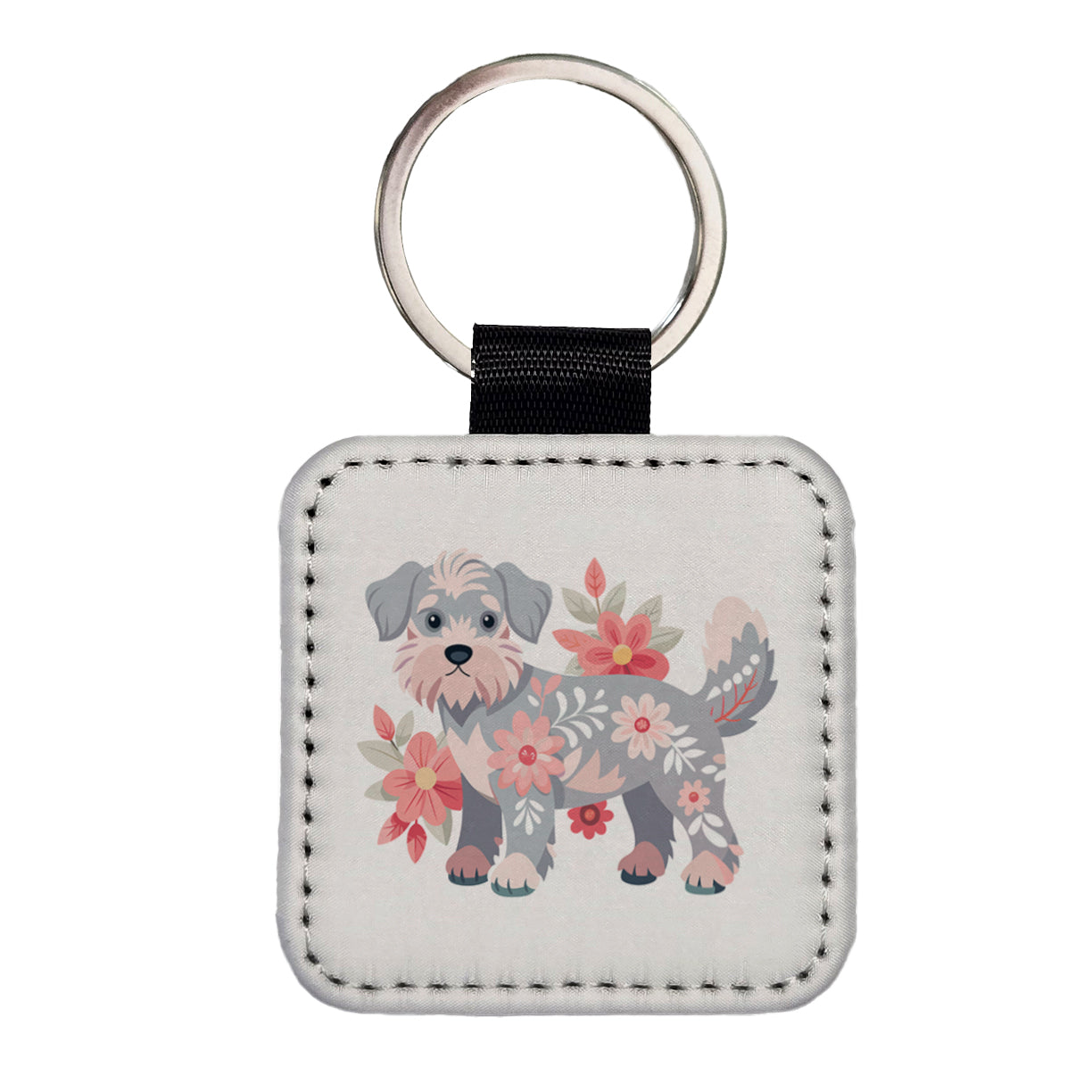 Schnoodle Floral Motif Dog Square Faux Leather Keychain