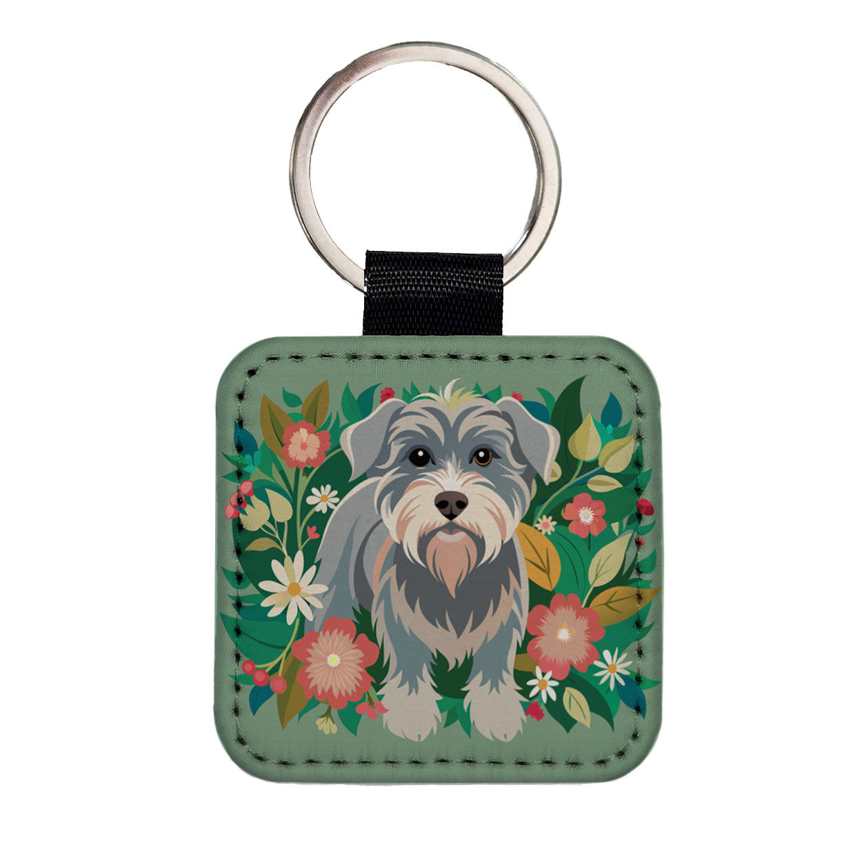 Schnoodle Floral Motif Green Dog Square Faux Leather Keychain