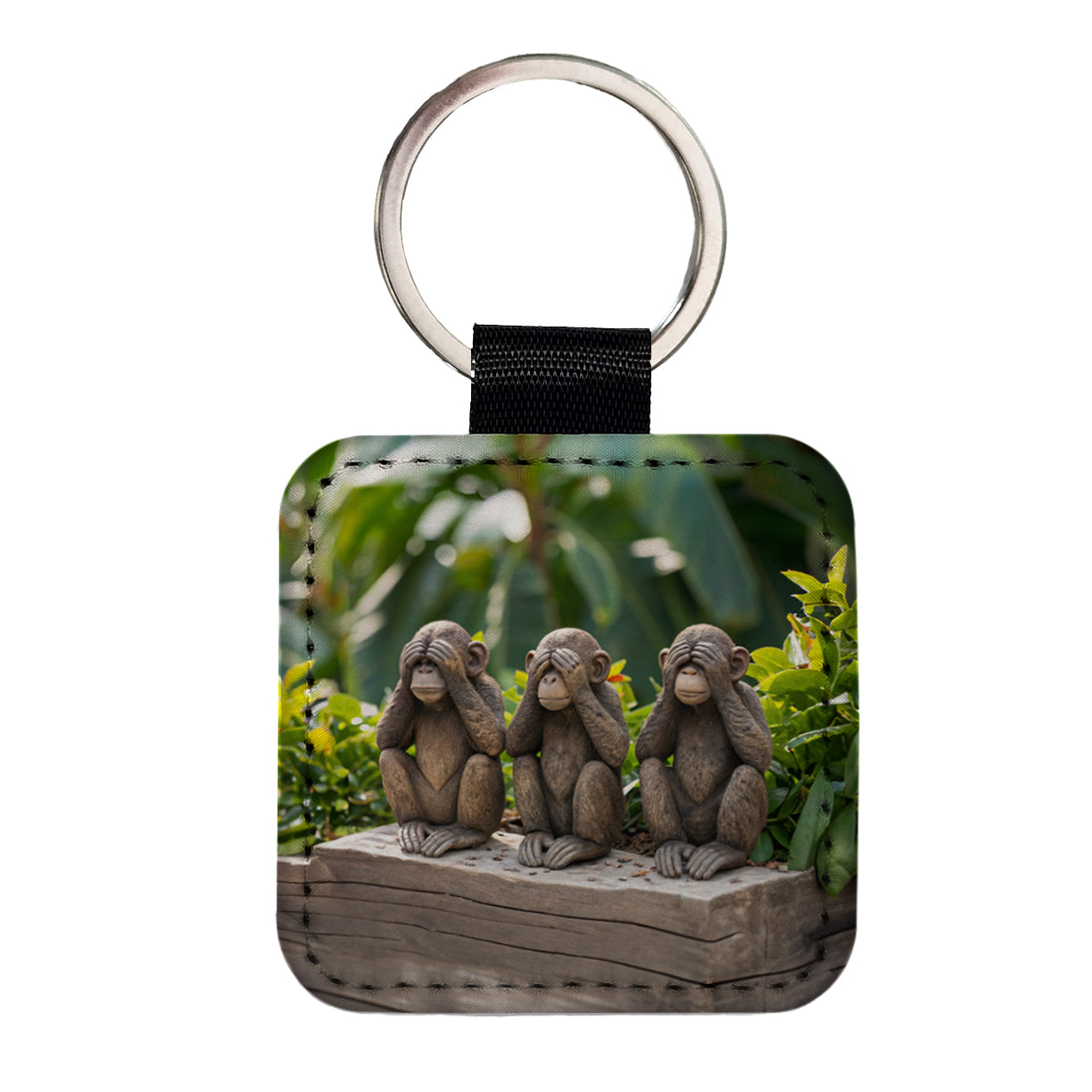 See No Evil Monkeys Funny Square Faux Leather Keychain