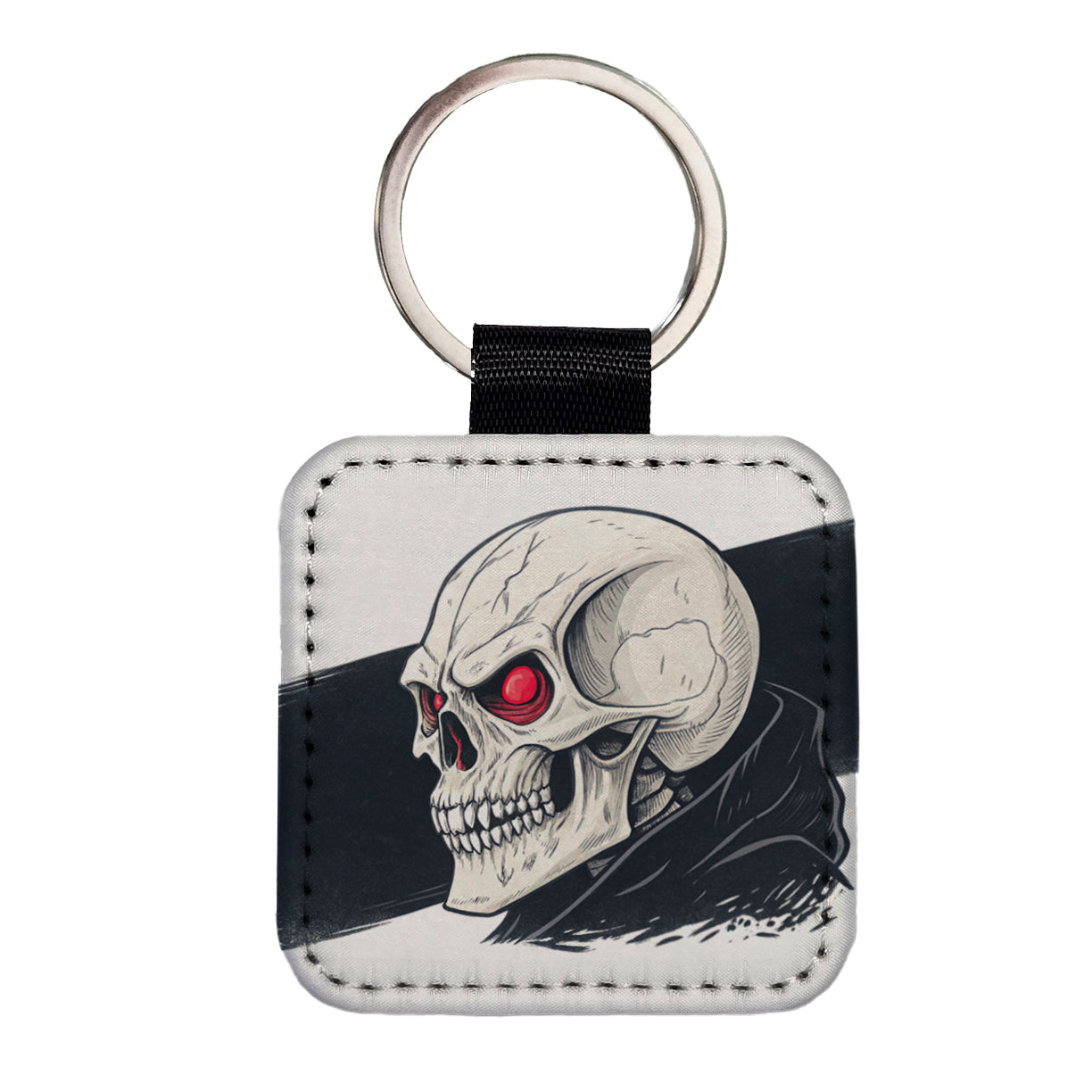 Skull With Red Eyes Menacing Square Faux Leather Keychain