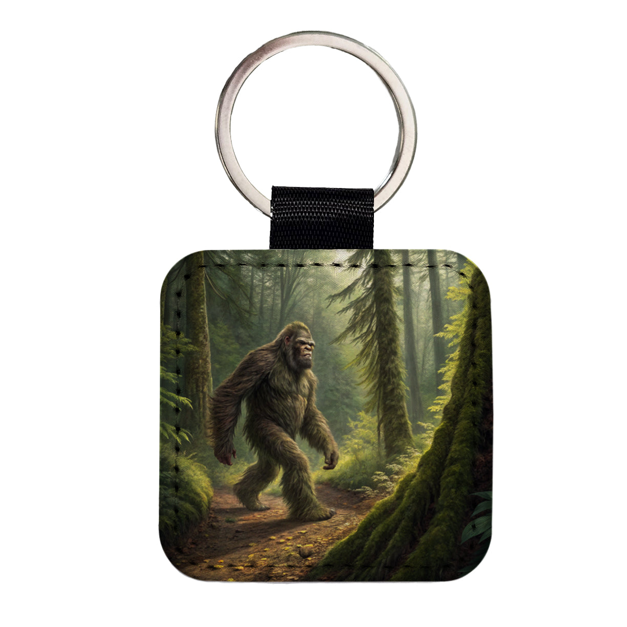 Bigfoot Hiking In Forest Square Faux Leather Keychain