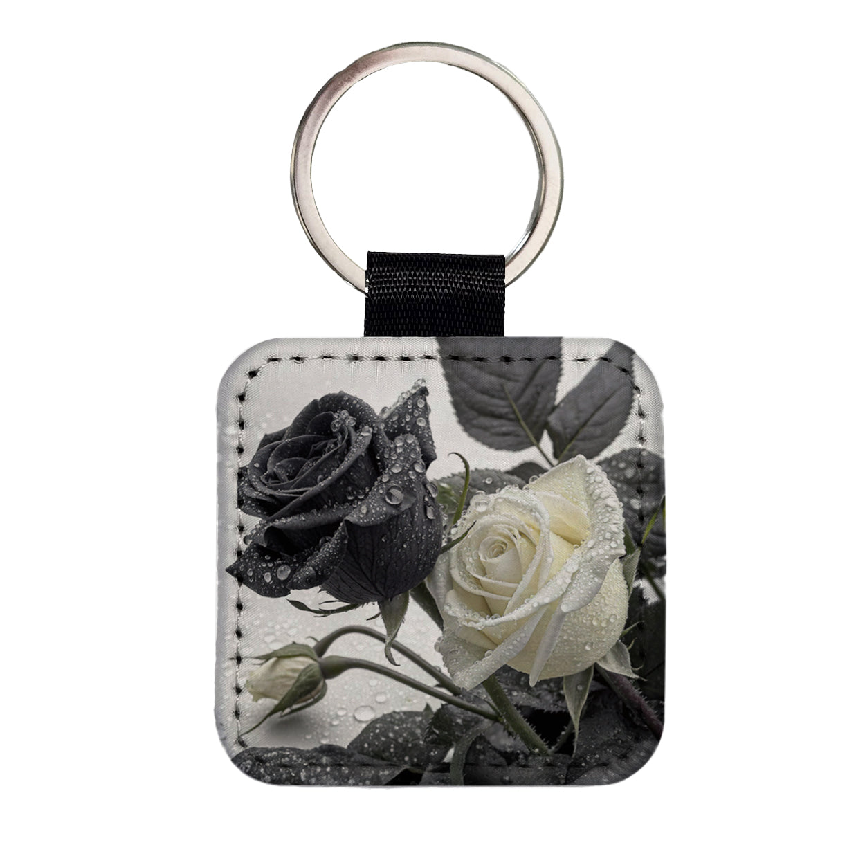 Black White Roses Dewy Square Faux Leather Keychain