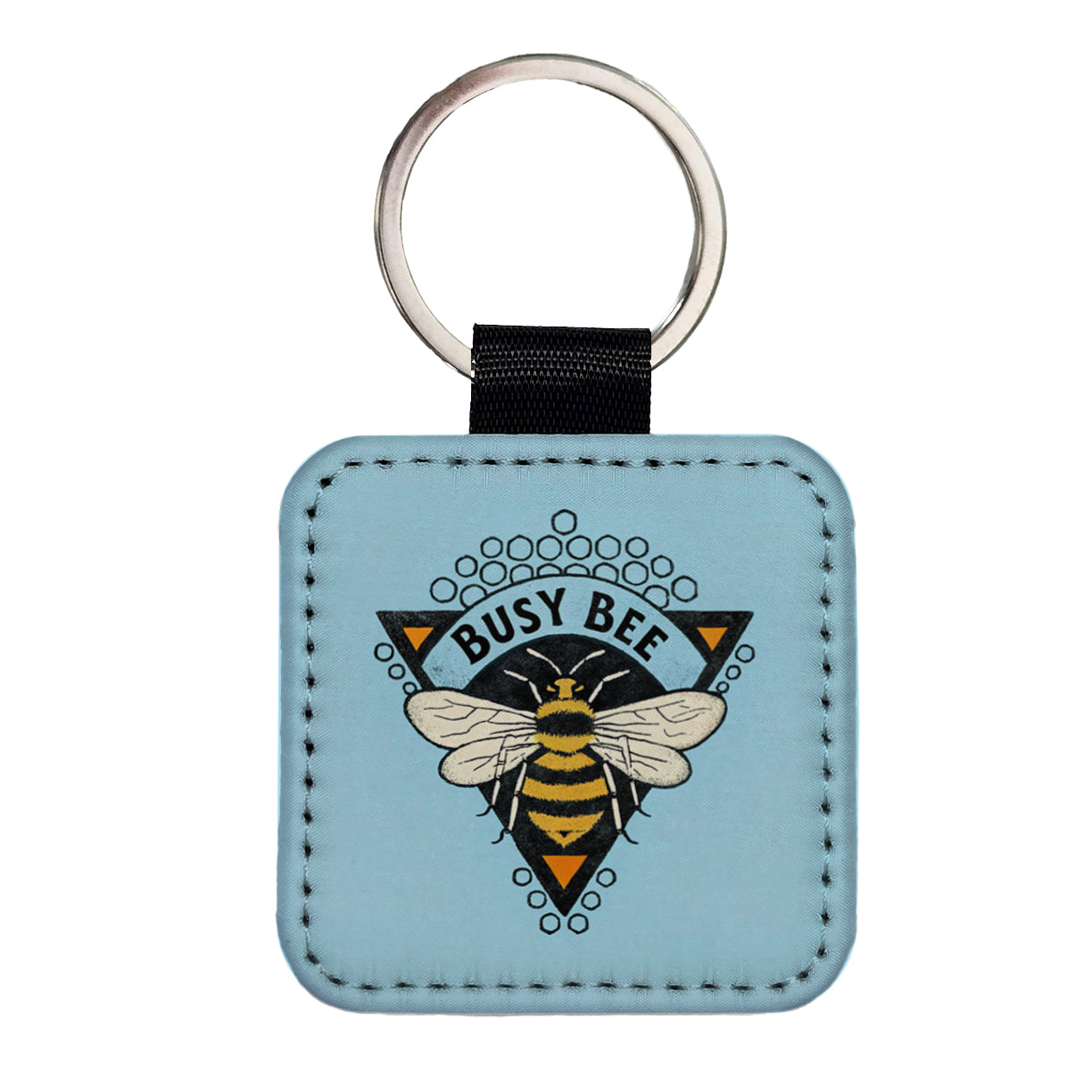 Busy Bee Blue Square Faux Leather Keychain