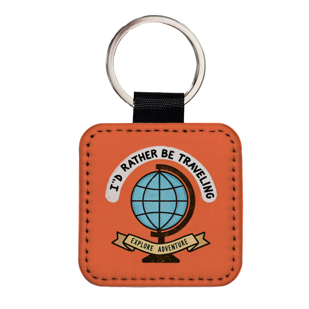 I'd Rather Be Traveling Globe Square Faux Leather Keychain