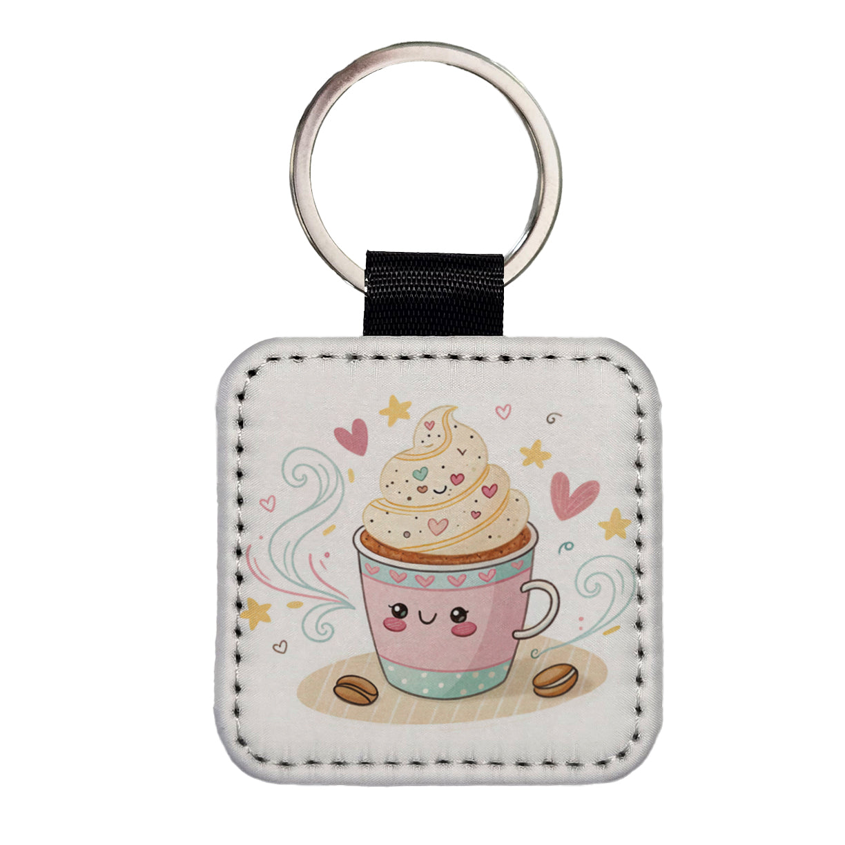 Kawaii Latte Coffee Square Faux Leather Keychain