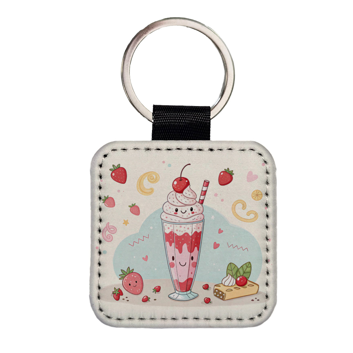 Kawaii Strawberry Milk Shake Square Faux Leather Keychain