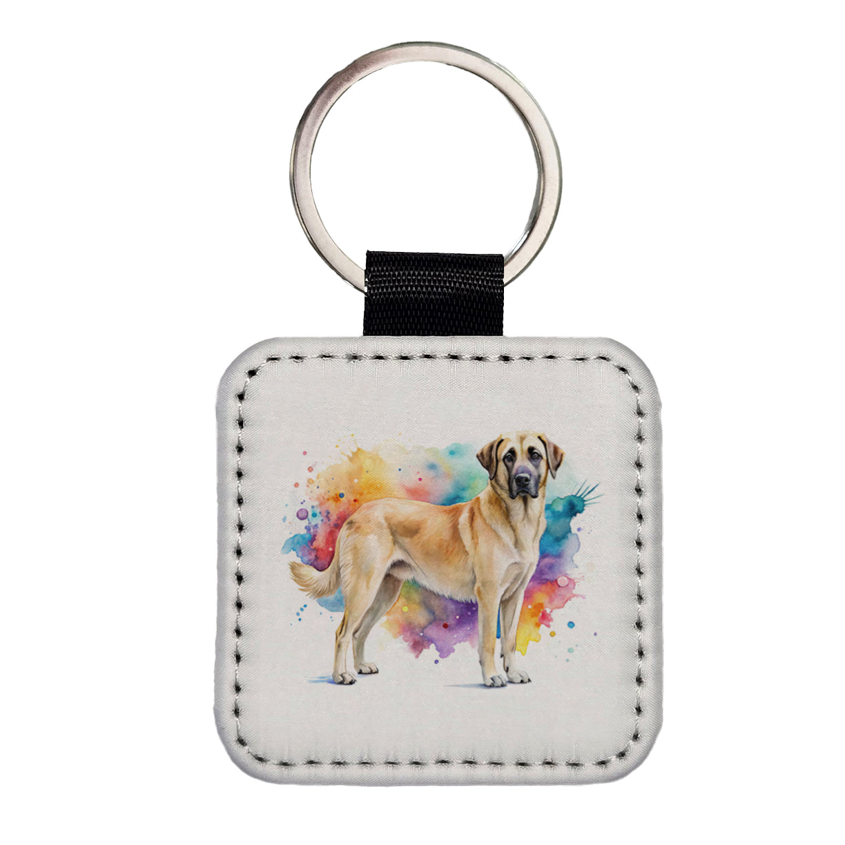 Anatolian Shepherd Dog Watercolor Style Square Faux Leather Keychain