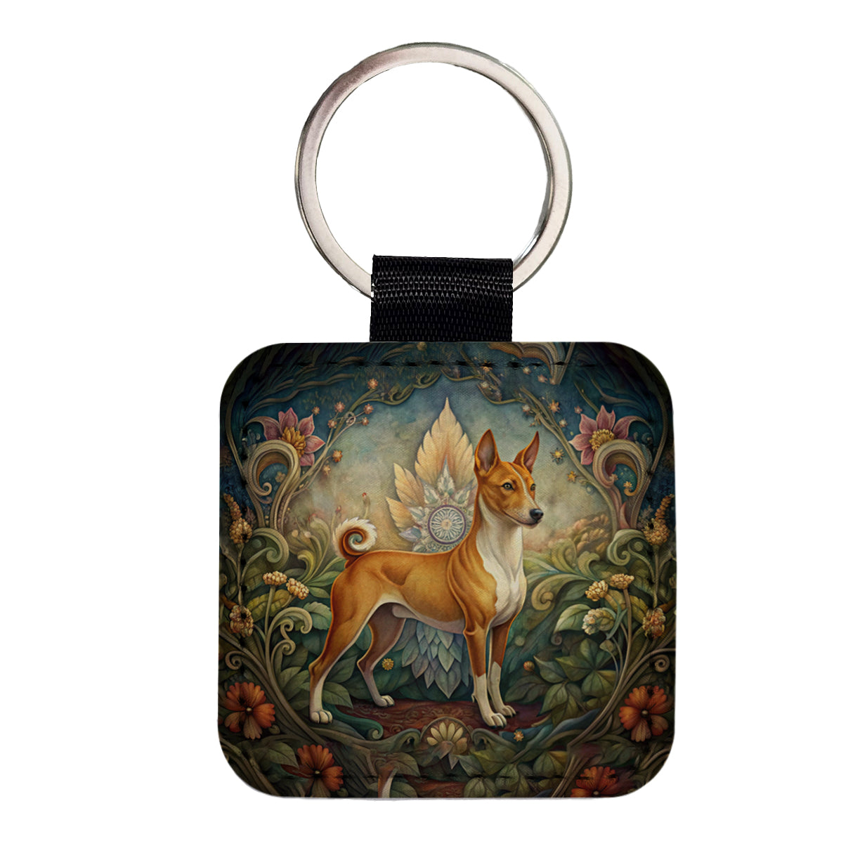 Basenji Dog Art Nouveau Square Faux Leather Keychain