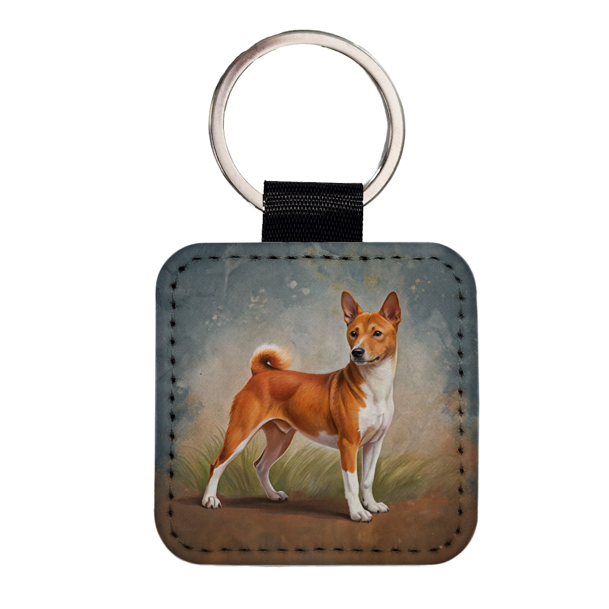 Basenji Dog Illustration Square Faux Leather Keychain