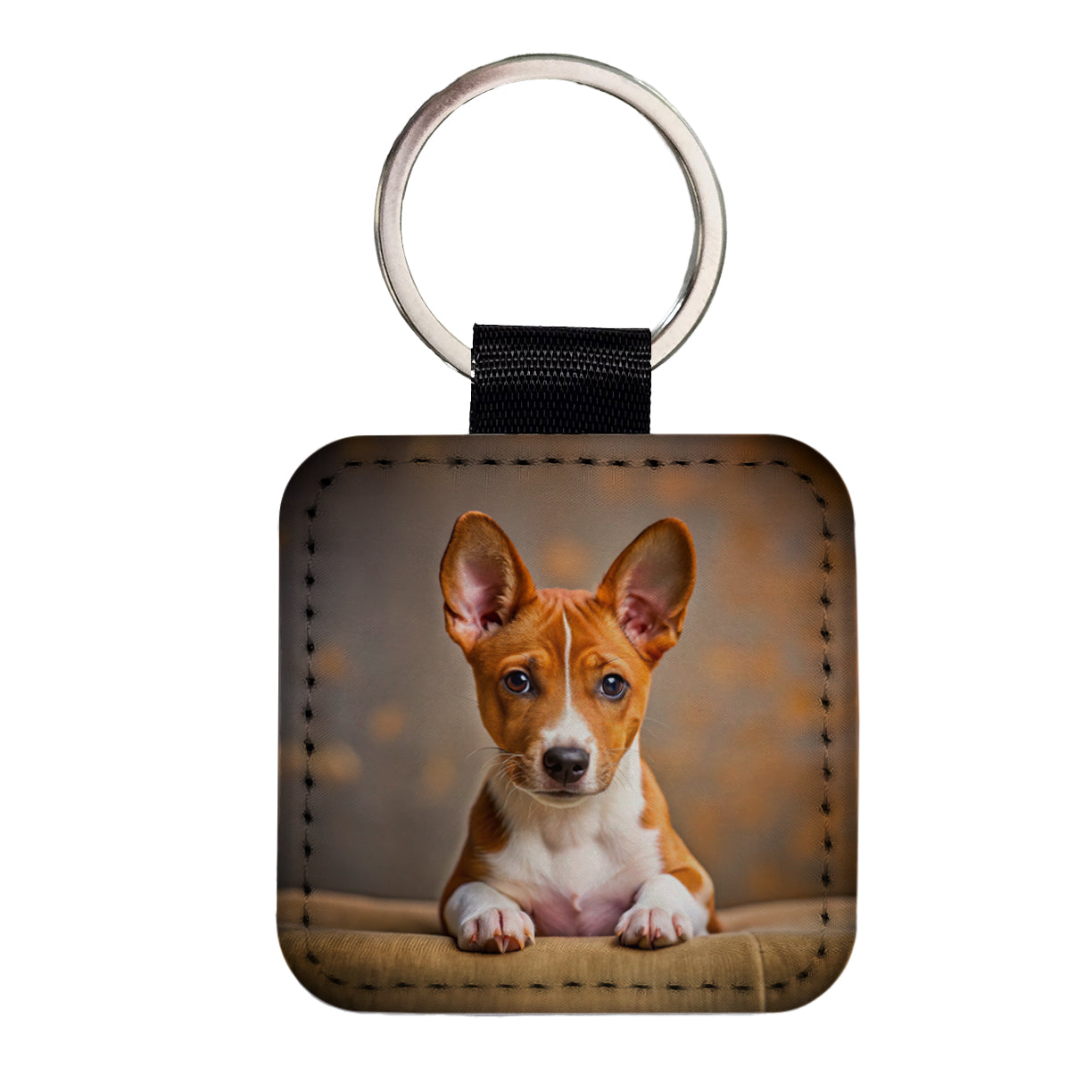 Basenji Dog Puppy Photo Square Faux Leather Keychain