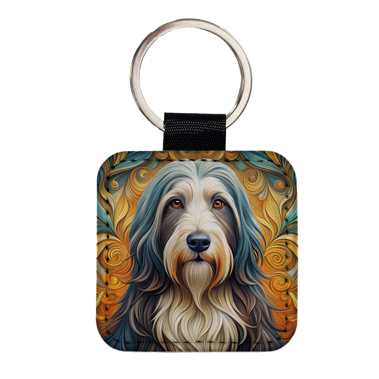 Bearded Collie Dog Art Nouveau Square Faux Leather Keychain
