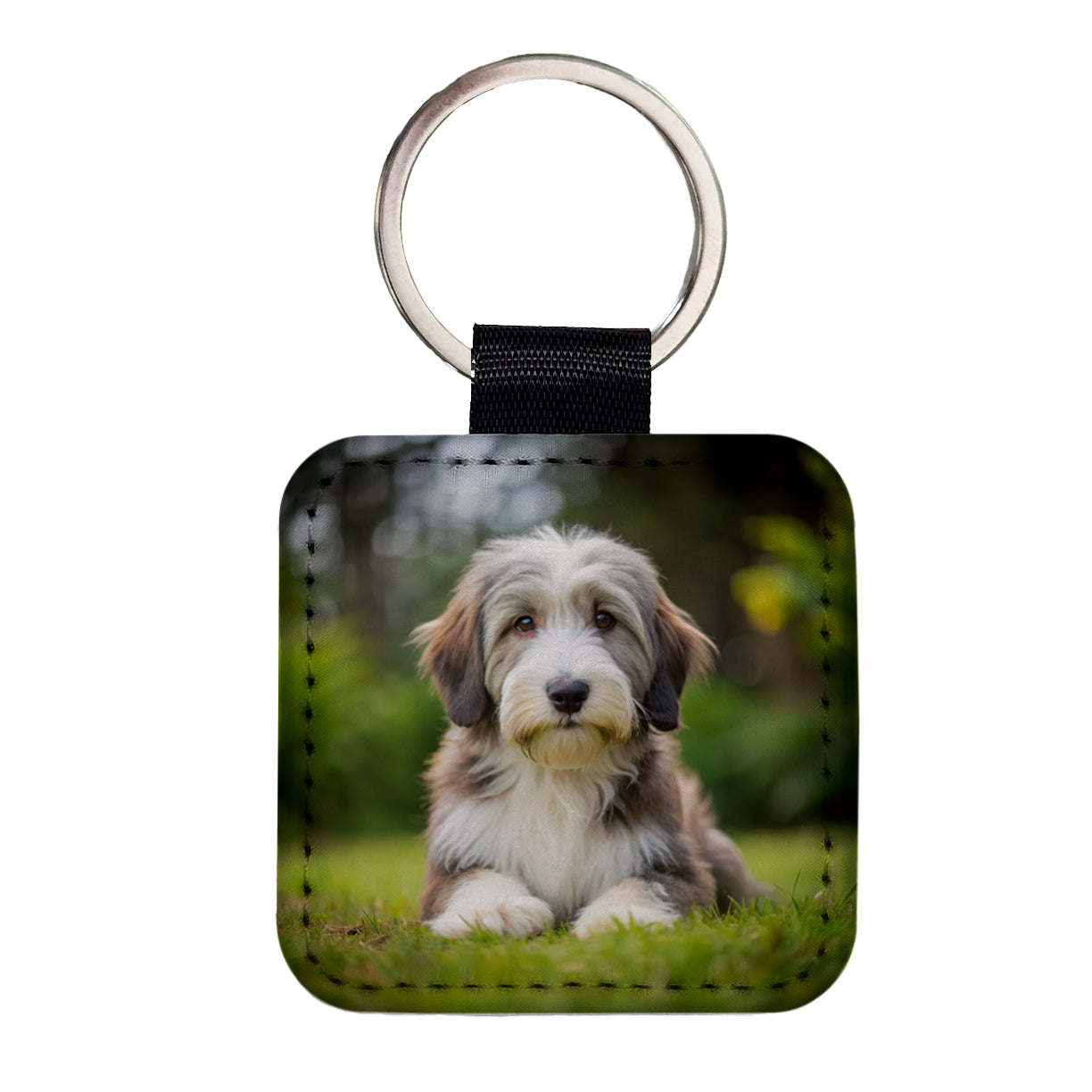 Bearded Collie Dog Puppy Photo Square Faux Leather Keychain